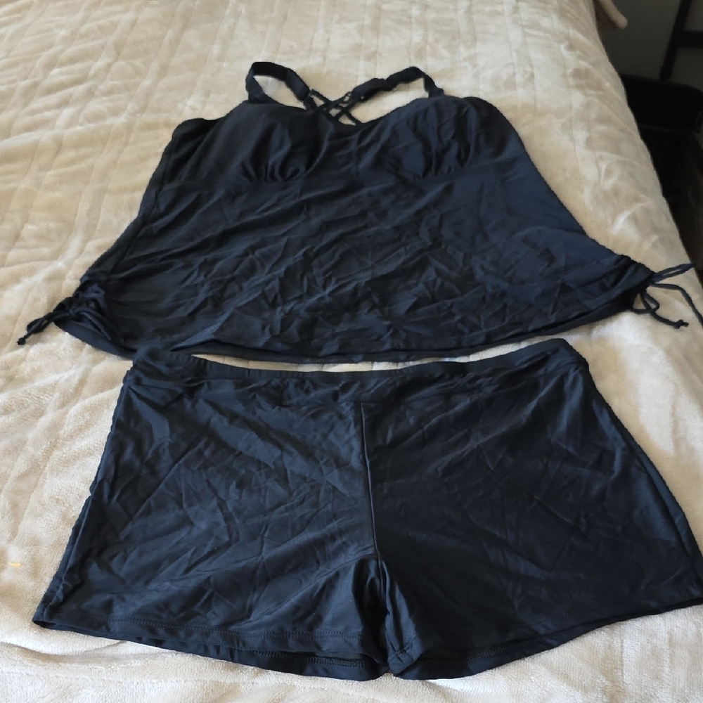 Women’s Black Two-Piece Swim Set - Tankini Top & Swim Shorts Size 20W